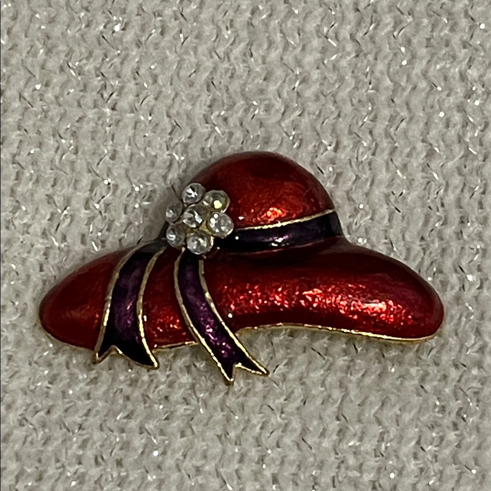 Red Enamel Hat Brooch with Purple Ribbon and Rhinestone Accent - Picture 1 of 2